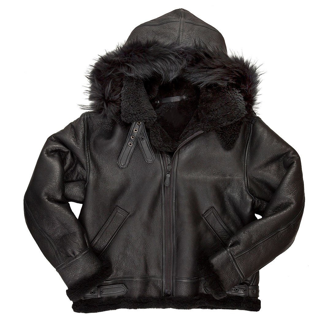 All Black Sheepskin Fur Shearling Hooded Leather Jacket 1