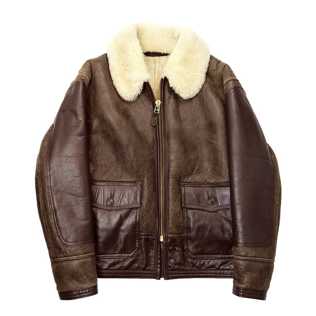 Men's brown leather jacket made from sheepskin with soft shearling lining