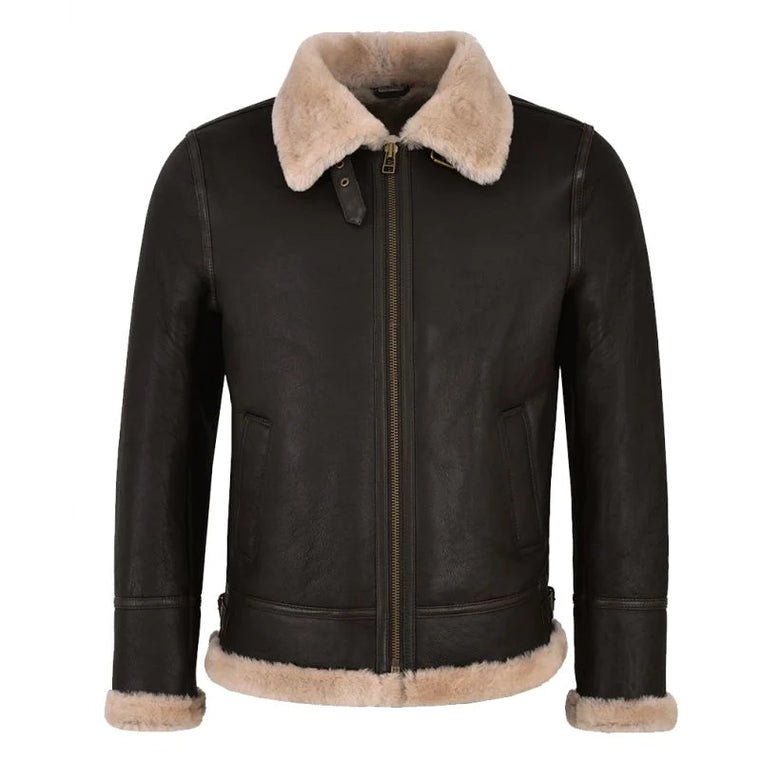 Discover the B3 Memphis Belle Sheepskin Brown/Beige Flying Shearling Jacket. A stylish and warm leather jacket with beige shearling lining for winter comfort.