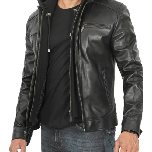 Black Leather Mens Racer Jacket with Removable Hoodie 1