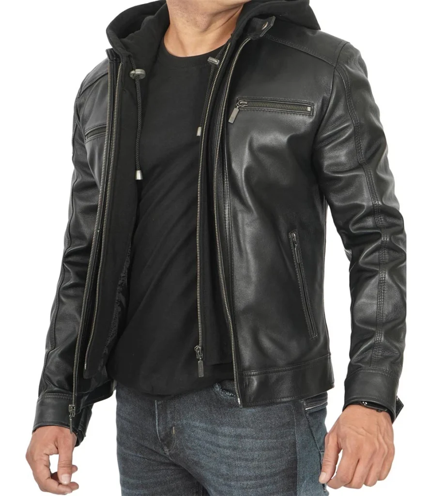 Black Leather Mens Racer Jacket with Removable Hoodie 1