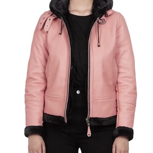 Ladies Pink Leather Aviator Jacket with Shearling Hood 1