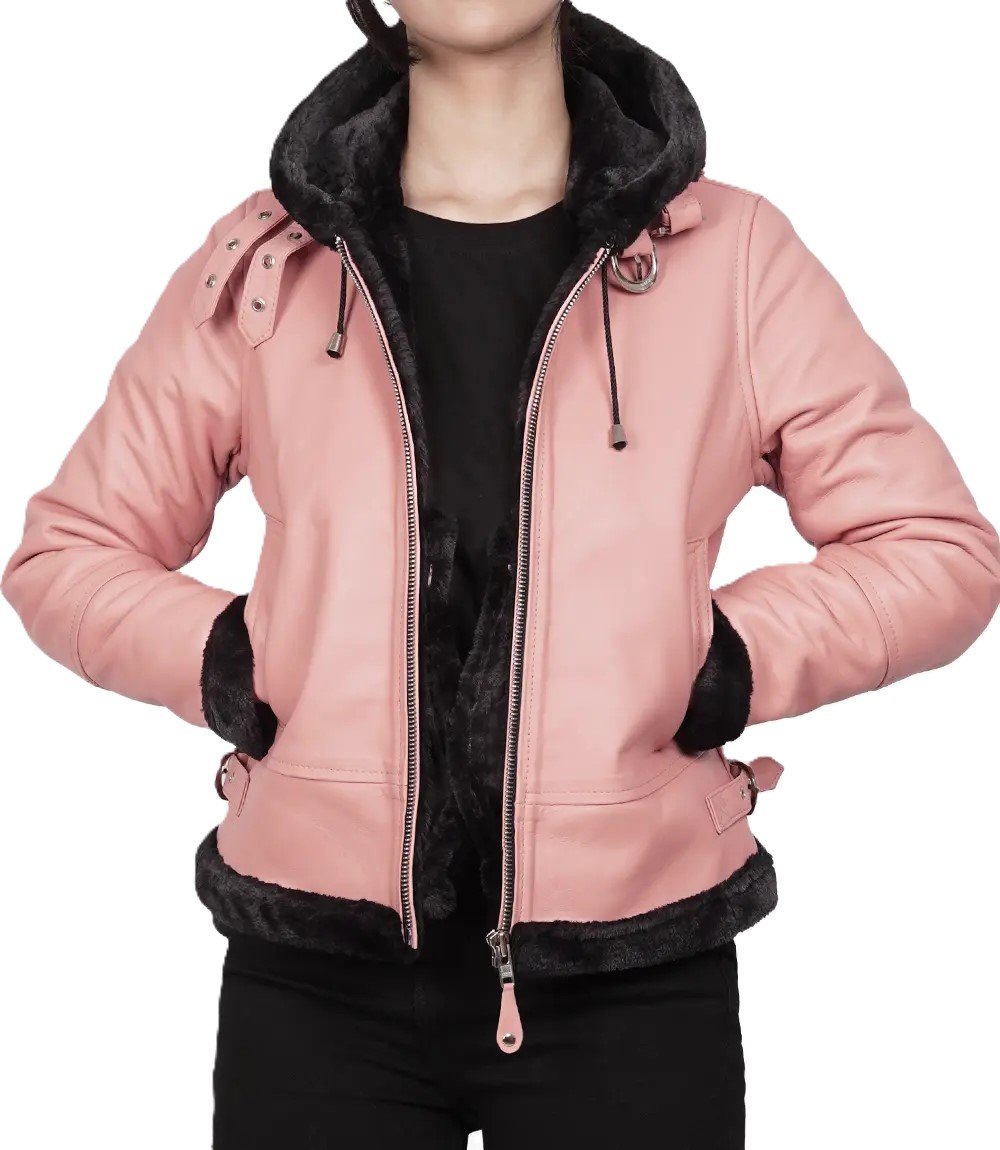 Ladies Pink Leather Aviator Jacket with Shearling Hood 3