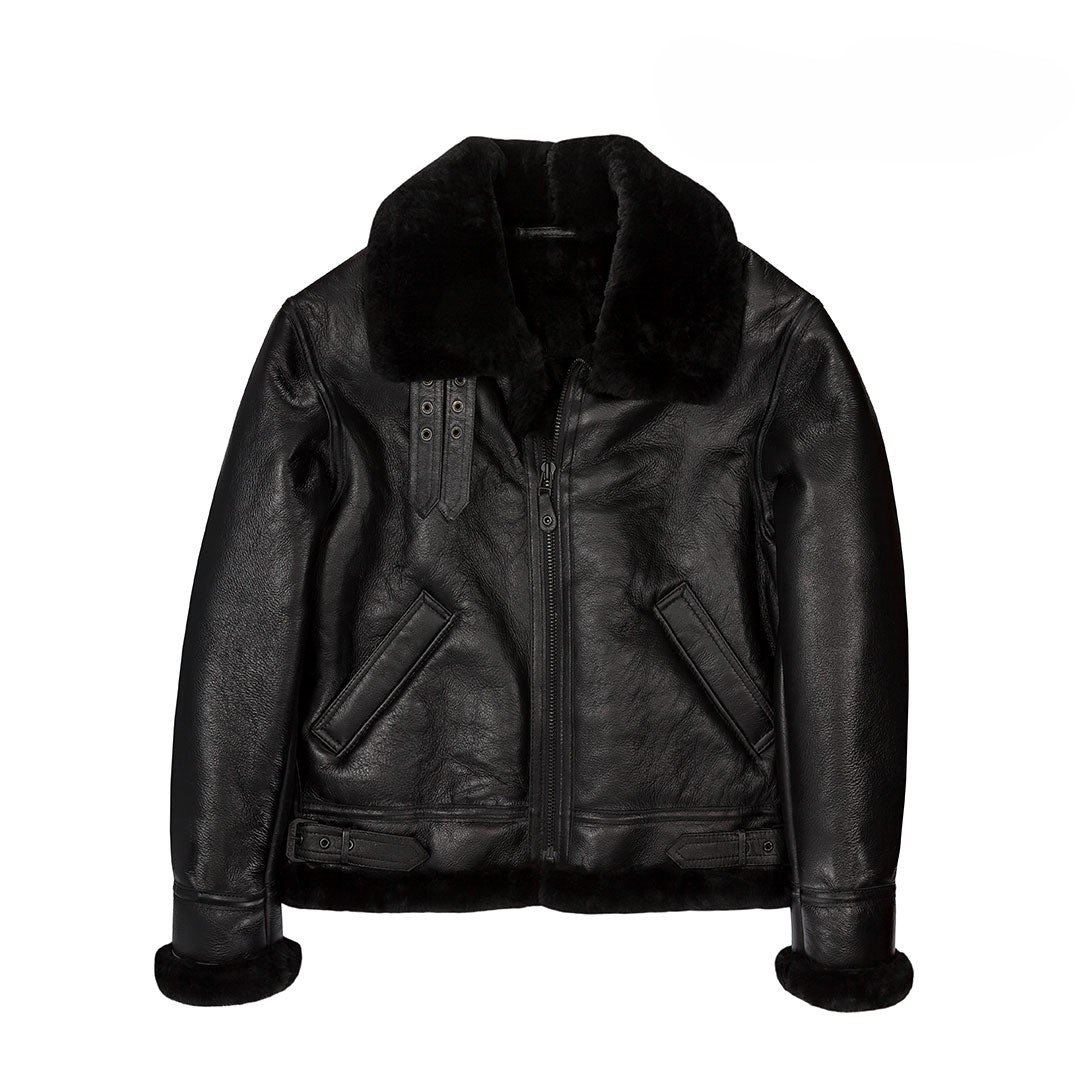 Shop the Men's B-3 Sheepskin Fur & Shearling All Black Long Leather Jacket. Stay warm and stylish with this premium long black leather jacket with shearling.