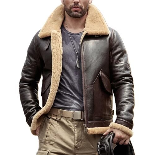 Shop the Men's B3 Flight Sheepskin Leather Brown Shearling Jacket. A stylish aviator jacket with shearling lining for ultimate warmth and comfort, perfect for winter.