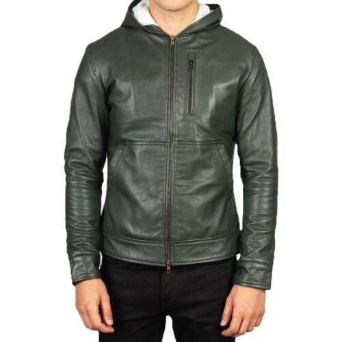 Mens Baston Green Bomber Hooded Leather Jacket 1