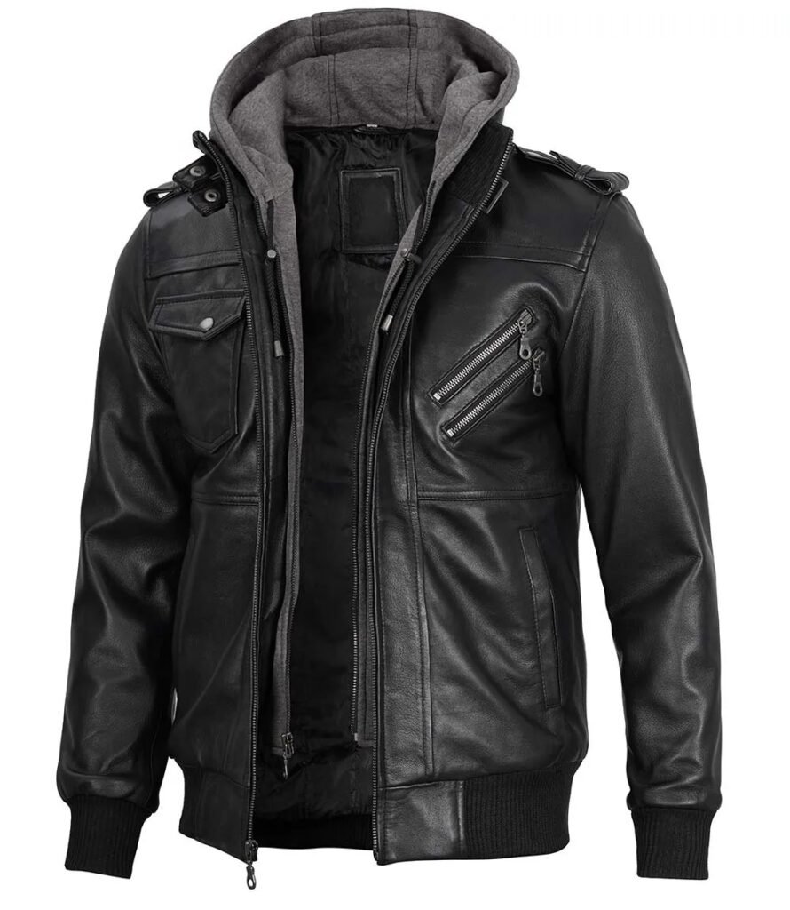 Mens Black Bomber Leather Jacket with Removable Hood 1