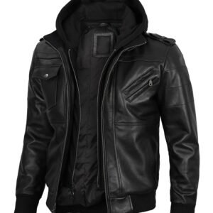 Men's Black Bomber Removable Hooded Leather Jacket