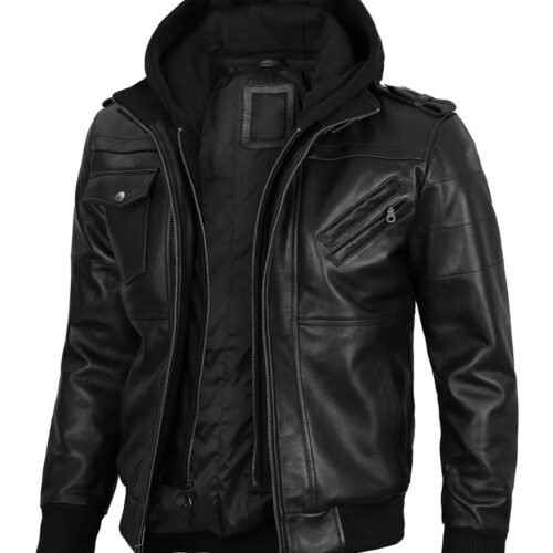 Mens Black Bomber Removable Hooded Leather Jacket 1