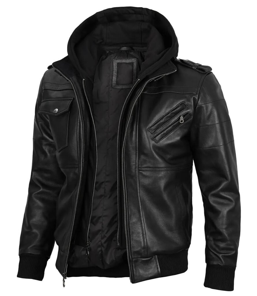 Mens Black Bomber Removable Hooded Leather Jacket 1