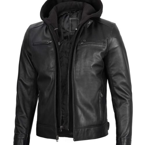 Mens Black Leather Removable Hooded Jacket 1