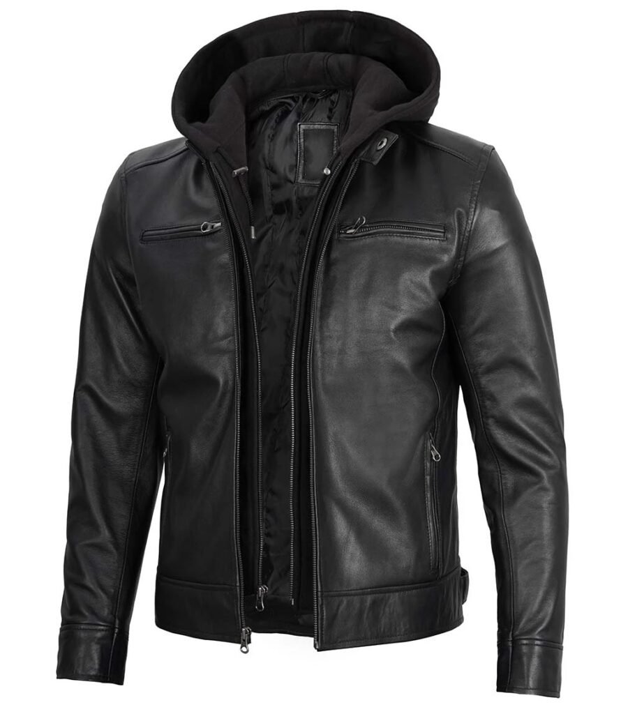 Mens Black Leather Removable Hooded Jacket 1