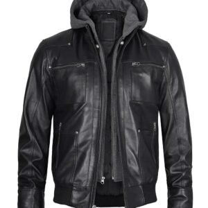 Men's Black Removable Hooded Leather Jacket