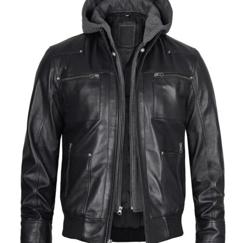 Mens Black Removable Hooded Leather Jacket 1