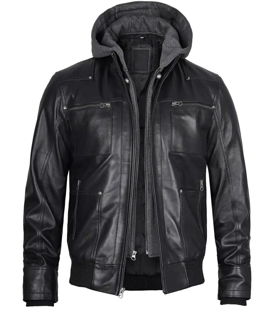 Mens Black Removable Hooded Leather Jacket 1