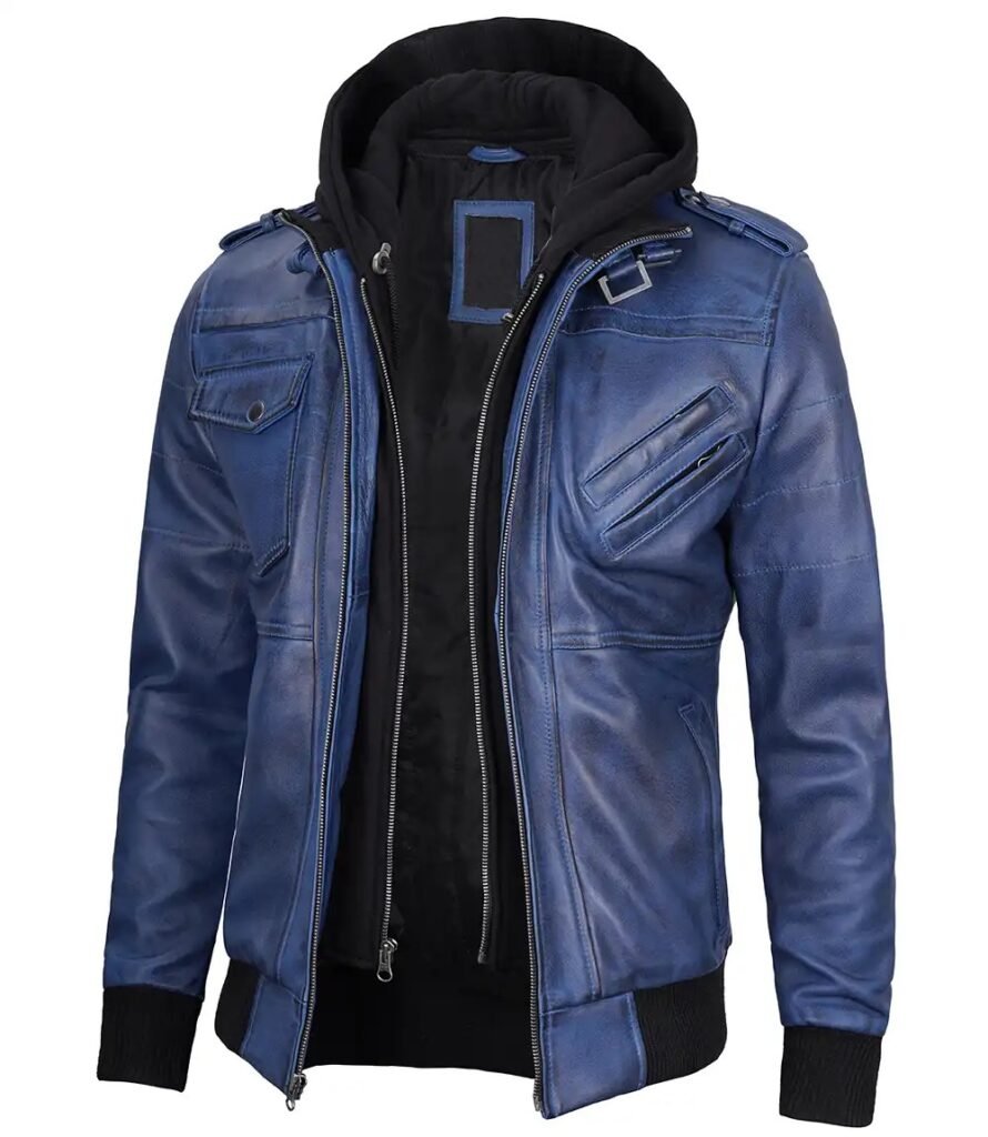 Mens Blue Waxed Bomber Leather Jacket with Removable Hood 1