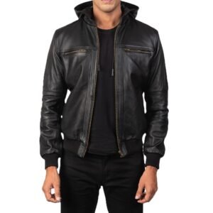 Men's Bouncer Biz Black Bomber Hooded Leather Jacket