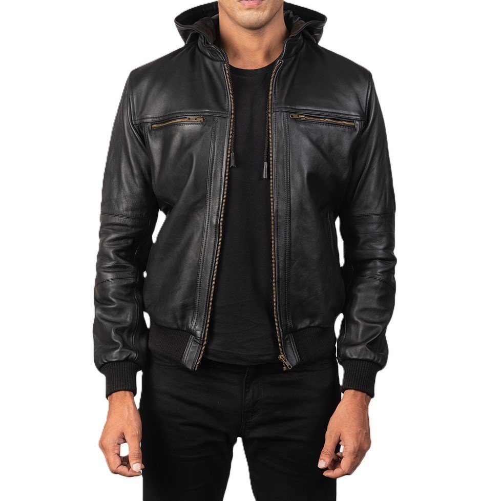 Mens Bouncer Biz Black Bomber Hooded Leather Jacket 1