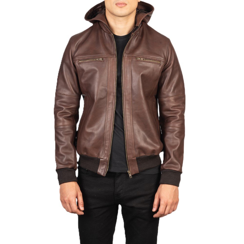 Mens Bouncer Biz Brown Bomber Hooded Leather Jacket 1