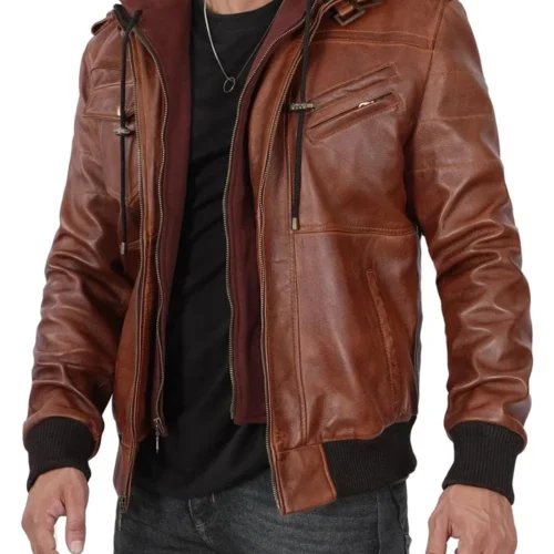 Mens Brown Bomber Removable Hooded Leather Jacket 1