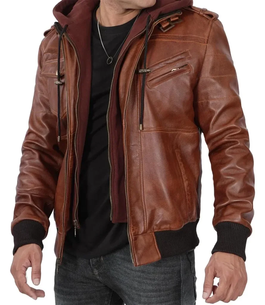 Mens Brown Bomber Removable Hooded Leather Jacket 1