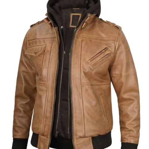 Mens Camel Brown Bomber Removable Hooded Leather Jacket 1