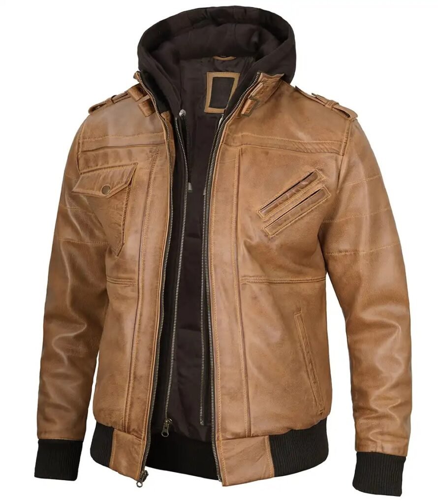 Mens Camel Brown Bomber Removable Hooded Leather Jacket 1