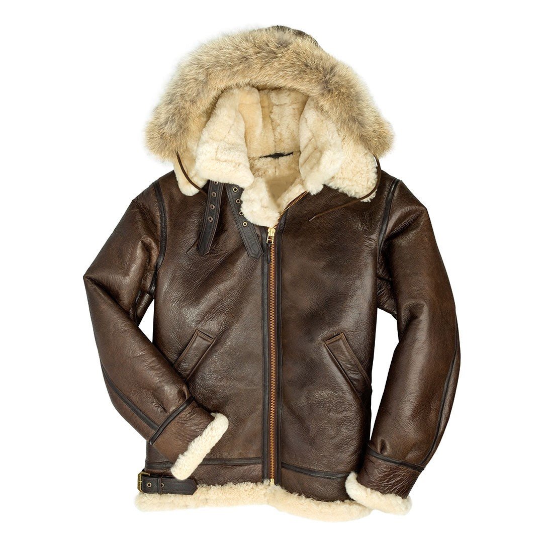 Shop the Men's Dakota Hooded B3 Brown Shearling Leather Coat. Stay warm and stylish with this premium sheepskin leather coat featuring a detachable hood.