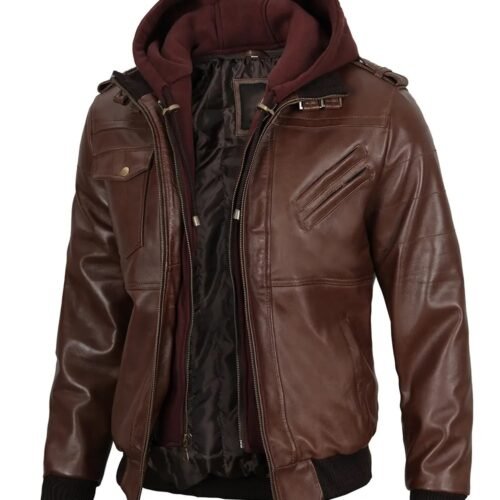 Mens Dark Brown Bomber Removable Hooded Leather Jacket 1