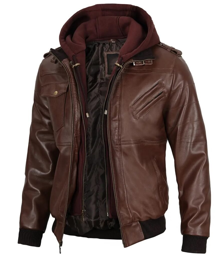 Mens Dark Brown Bomber Removable Hooded Leather Jacket 1