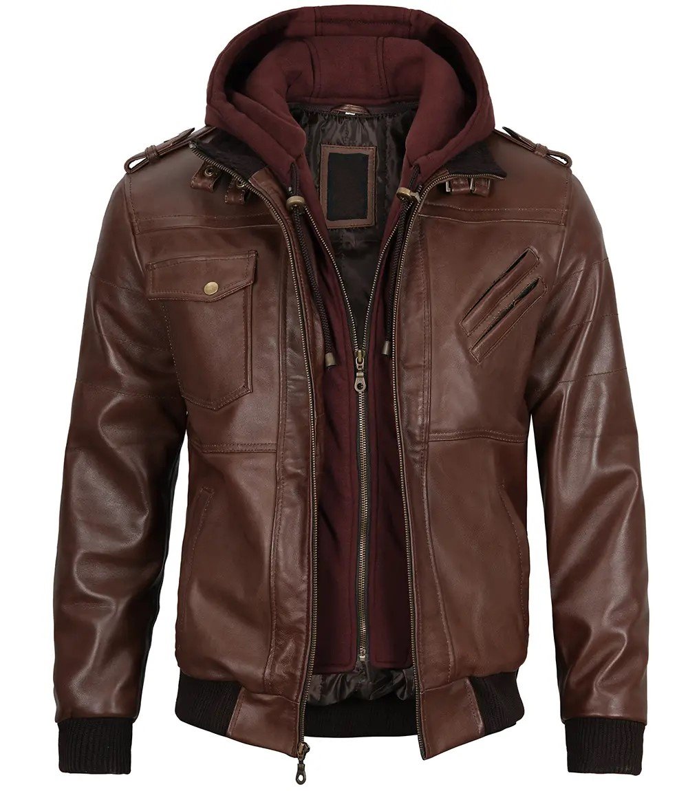 Mens Dark Brown Bomber Removable Hooded Leather Jacket 2