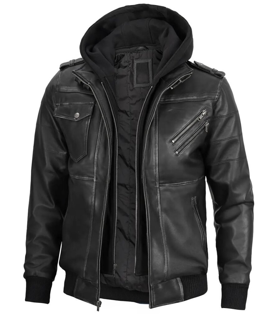 Mens Dark Grey Bomber Removable Hooded Leather Jacket 1