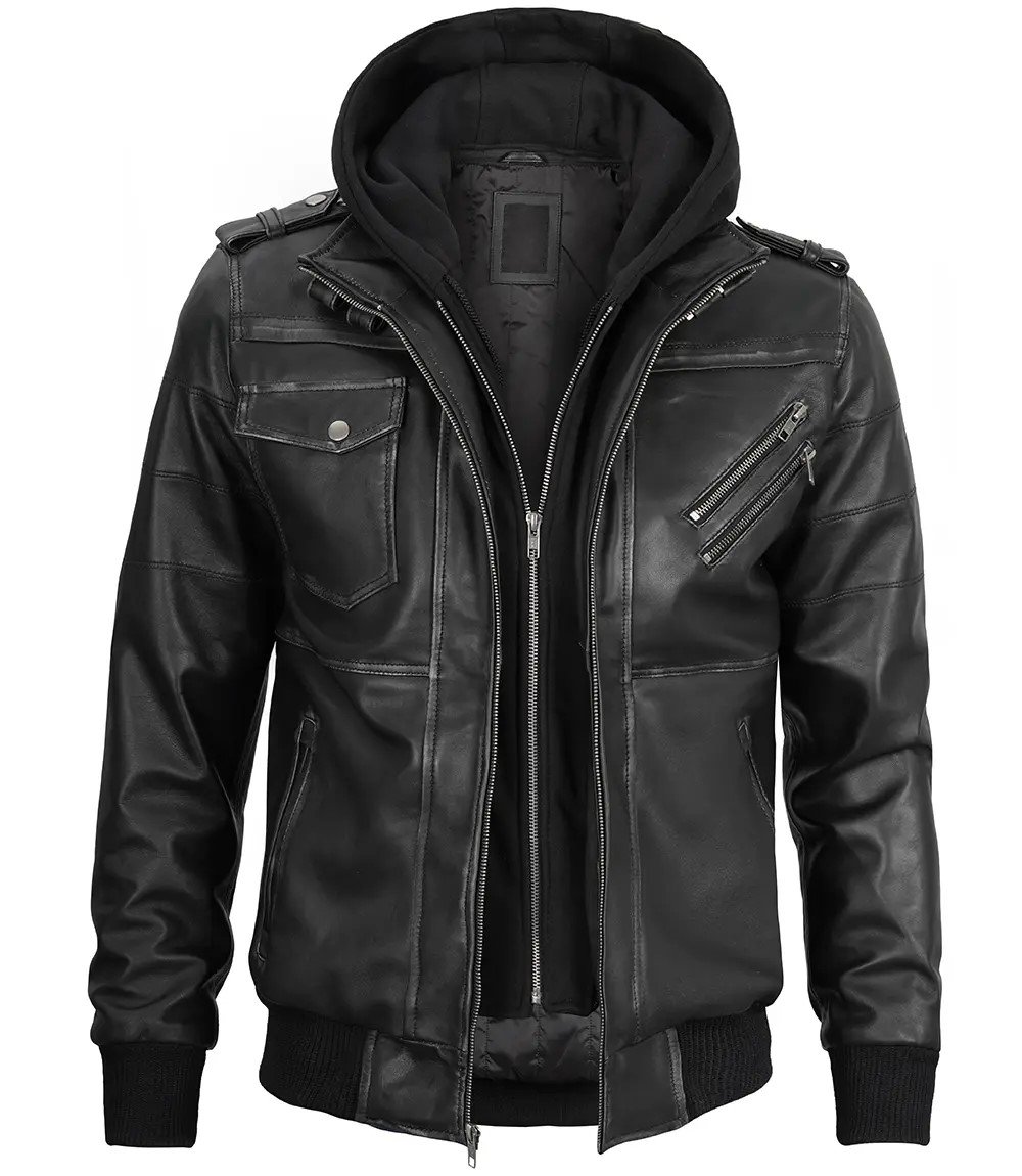 Mens Dark Grey Bomber Removable Hooded Leather Jacket 3