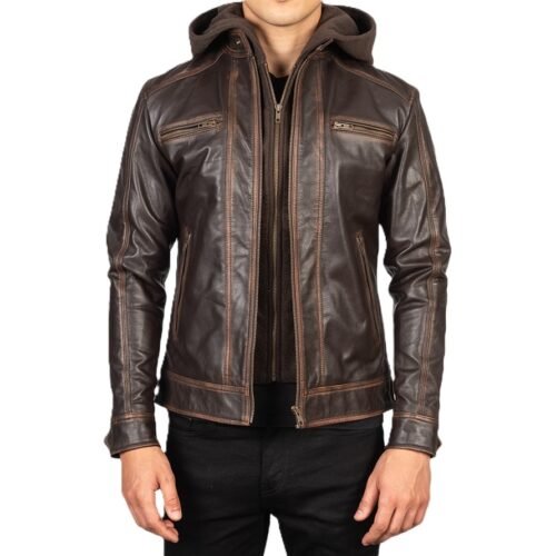 Mens Hector Vintage Brown Biker Hooded Leather Jacket 1