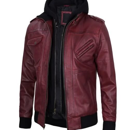 Mens Maroon Bomber Removable Hooded Leather Jacket 1