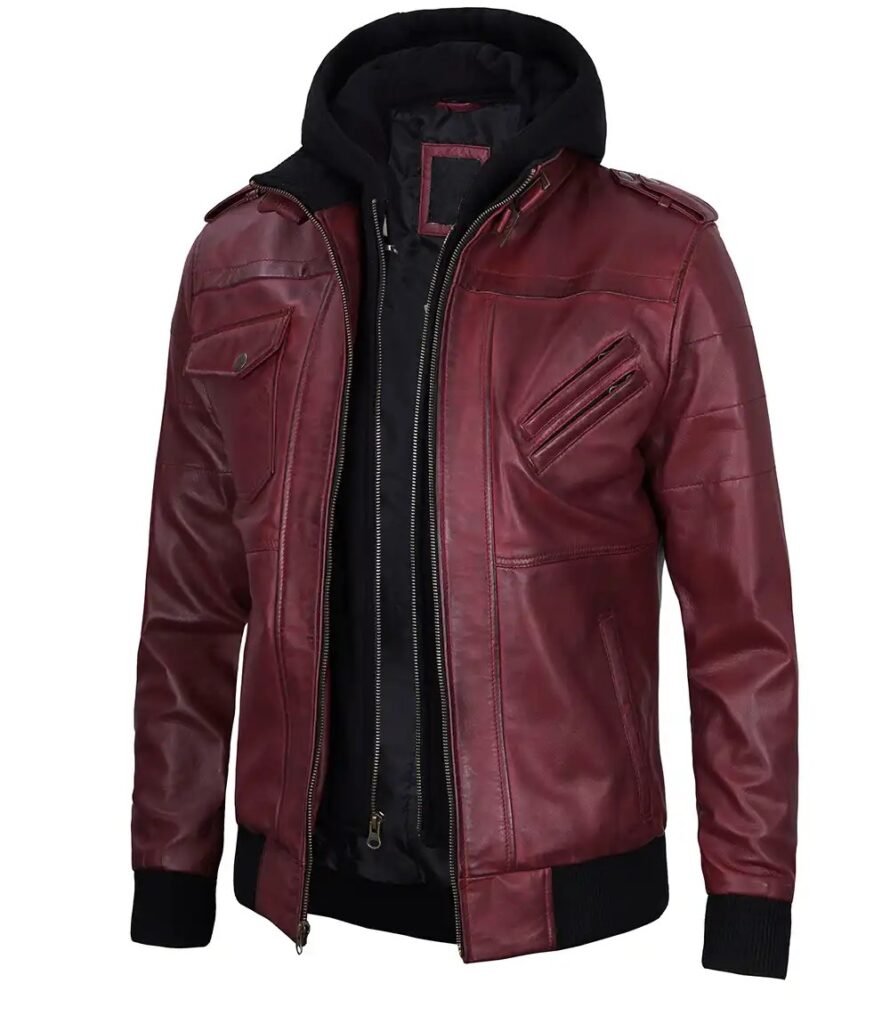 Mens Maroon Bomber Removable Hooded Leather Jacket 1