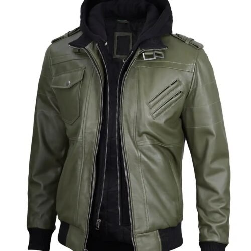 Mens Military Green Bomber Removable Hooded Leather Jacket 1