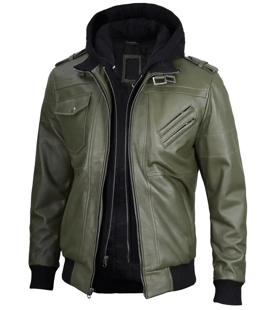 Mens Military Green Bomber Removable Hooded Leather Jacket 1