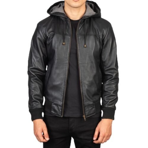 Mens Nintenzo Black Bomber Hooded Leather Jacket 1