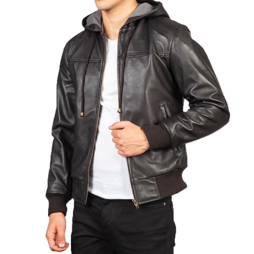 Mens Nintenzo Brown Bomber Hooded Leather Jacket 4