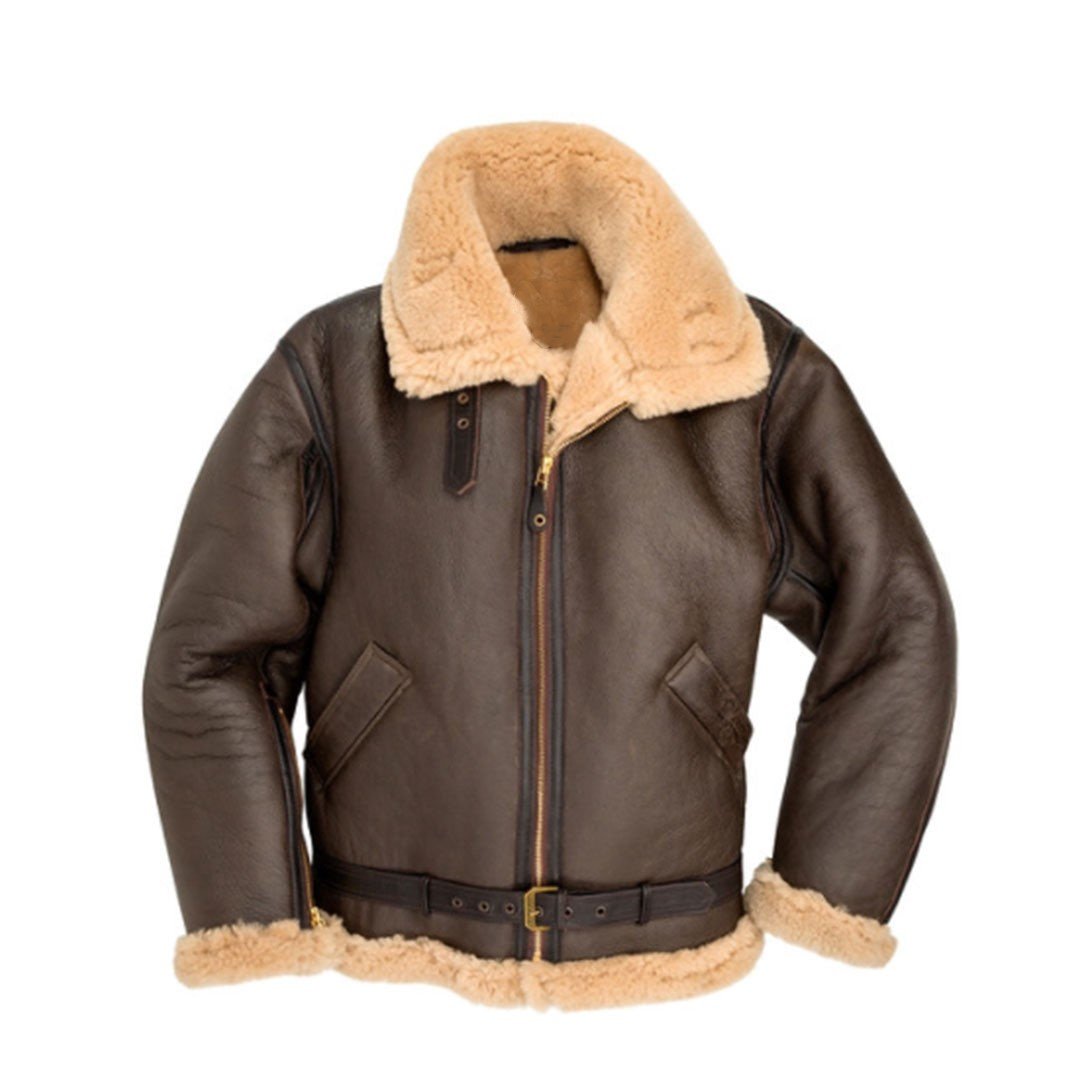 Men's brown leather jacket with shearling lining, inspired by RAF aviator style