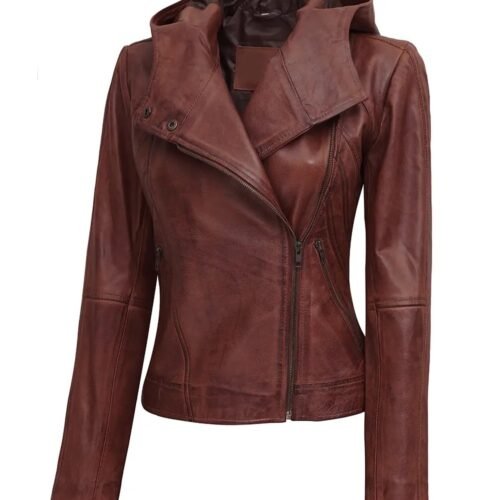 Womens Asymmetrical Brown Hooded Leather Jacket 1