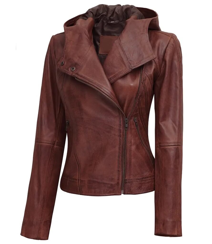 Womens Asymmetrical Brown Hooded Leather Jacket 1