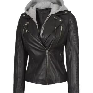 Women's Asymmetrical Removable Hooded Black Leather Jacket