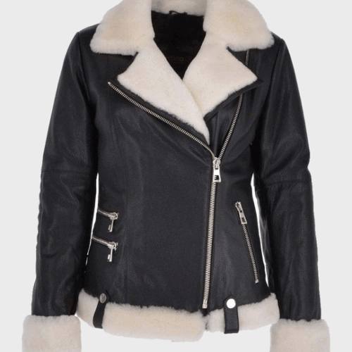 Womens B3 RAF Aviator Sheepskin Leather Asymmetrical Black Shearling Jacket 1