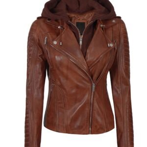 Women's Bagheria Brown Biker Leather Jacket with Removable Hood