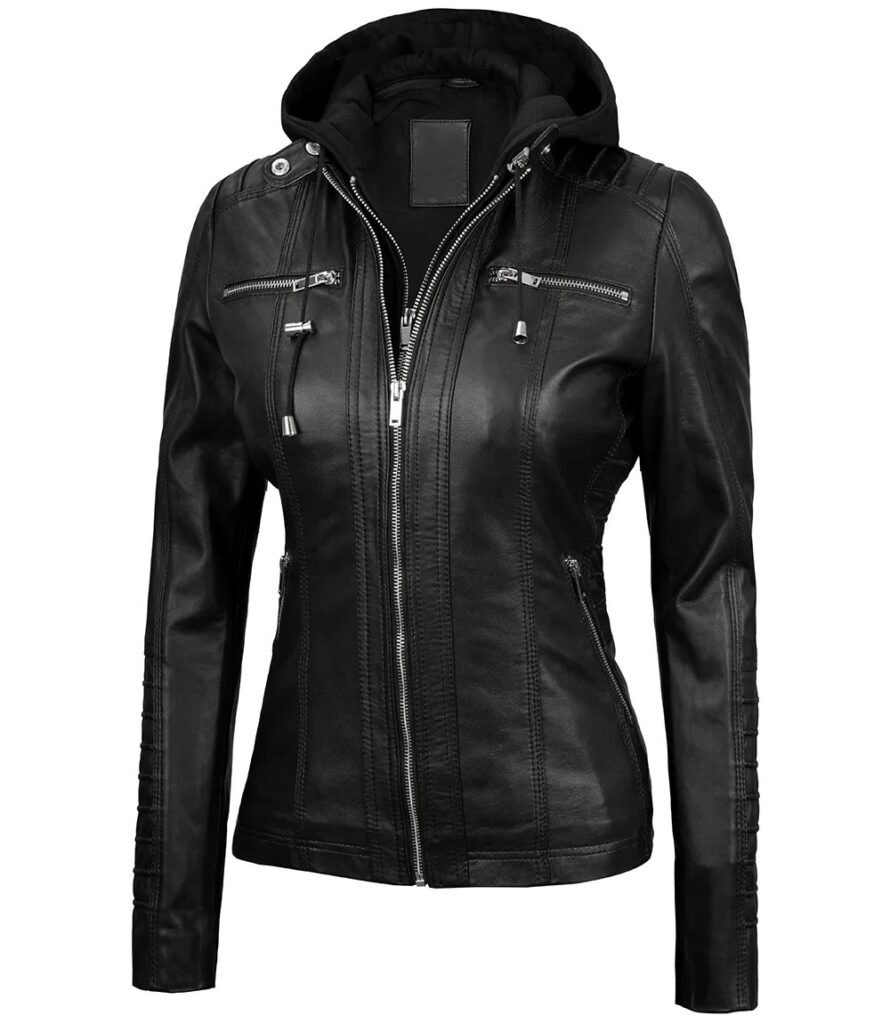 Womens Black Motorcycle Leather Jacket With Removable Hood 1