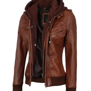 Women's Cognac Brown Bomber Hooded Leather Jacket