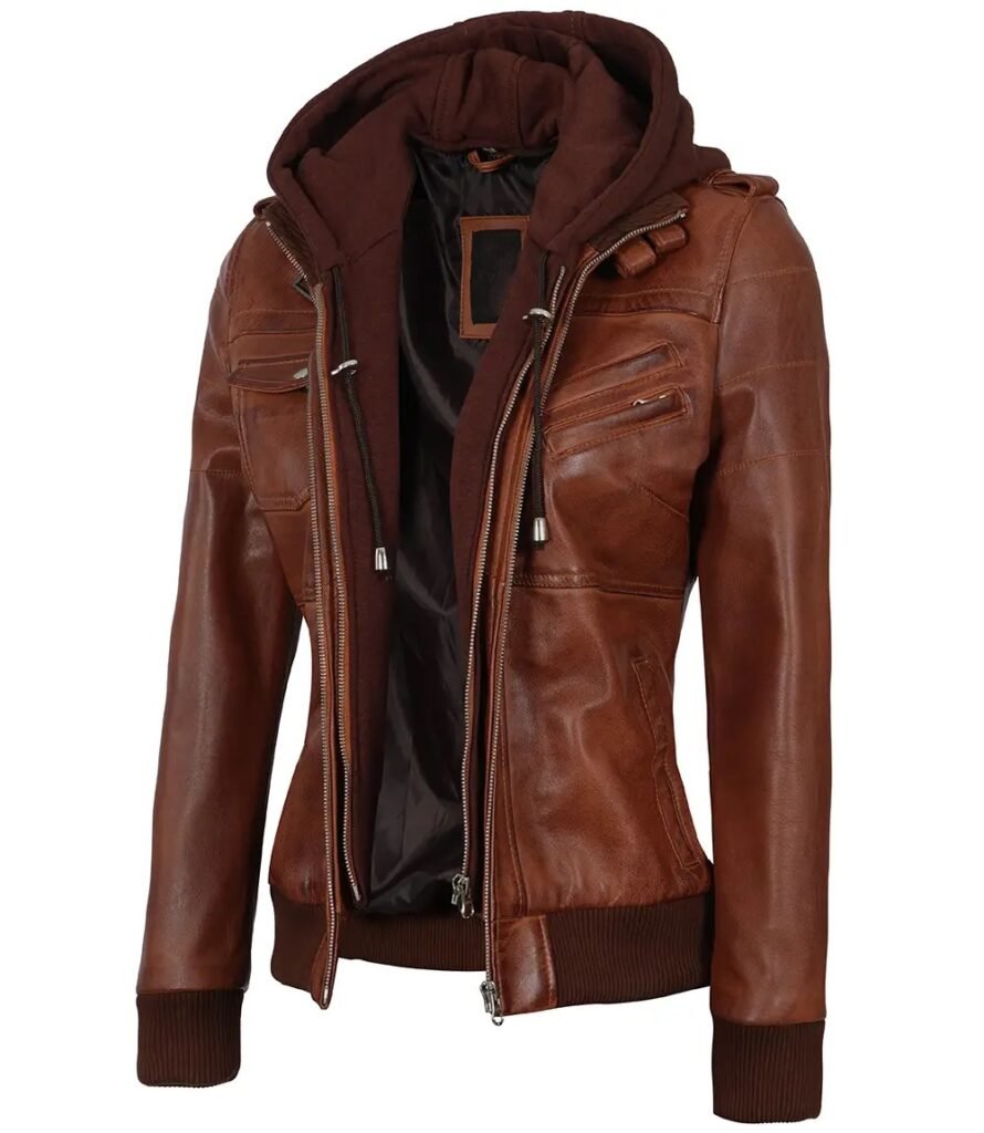 Womens Cognac Brown Bomber Hooded Leather Jacket 1