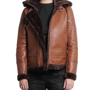 Women's Cognac Brown Bomber Leather Jacket with Shearling Hood